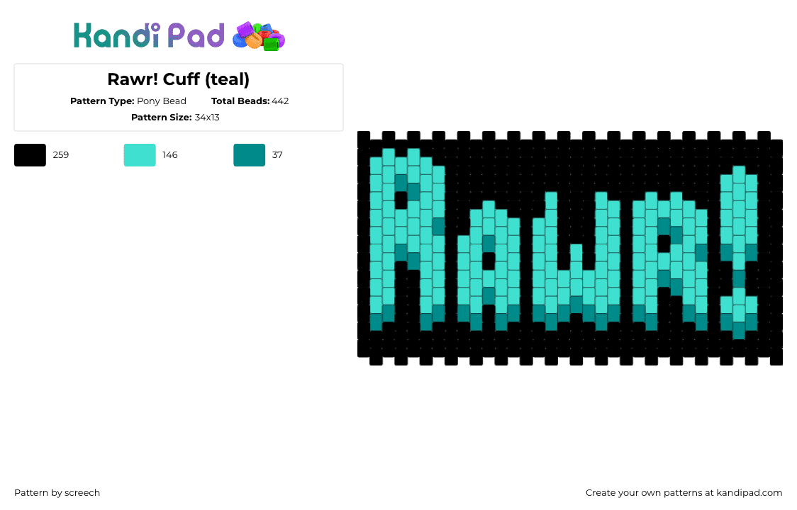 Rawr! Cuff (teal) - Pony Bead Pattern by screech on Kandi Pad - 