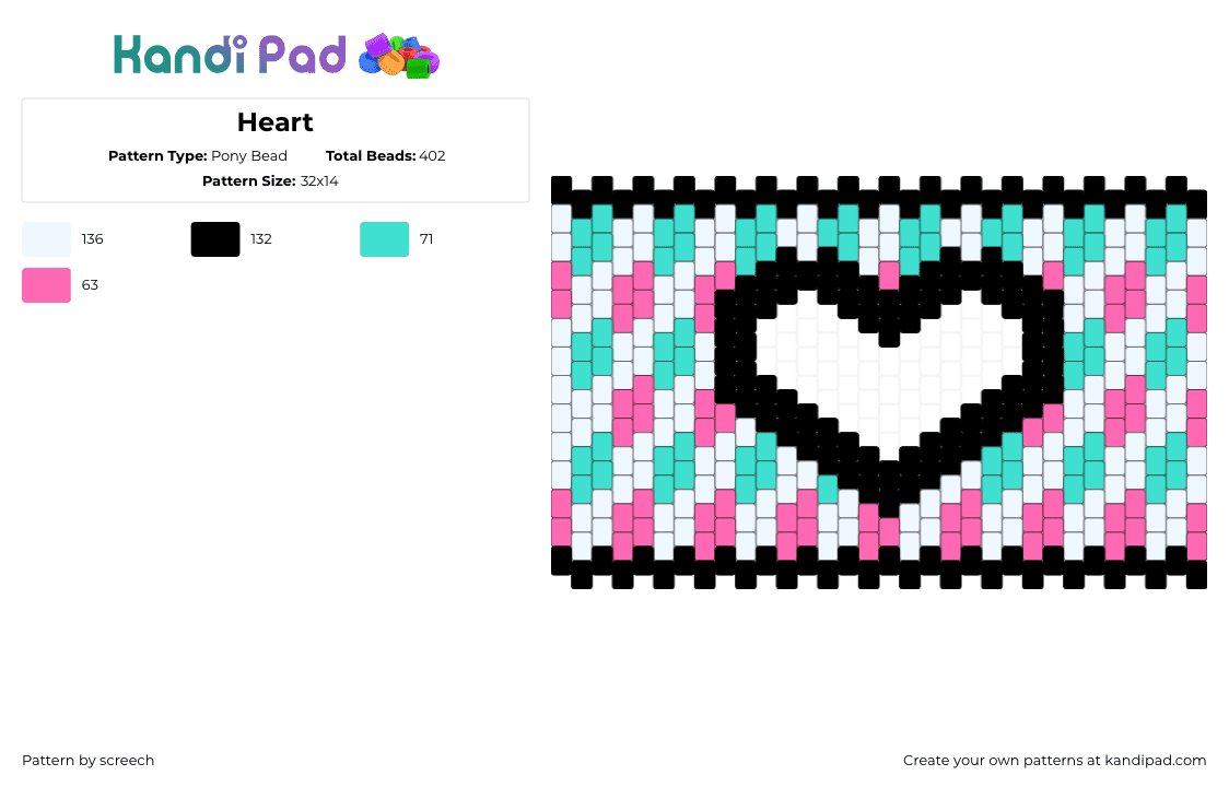 Heart - Pony Bead Pattern by screech on Kandi Pad - checkered,heart,love,cuff,teal,pink,white