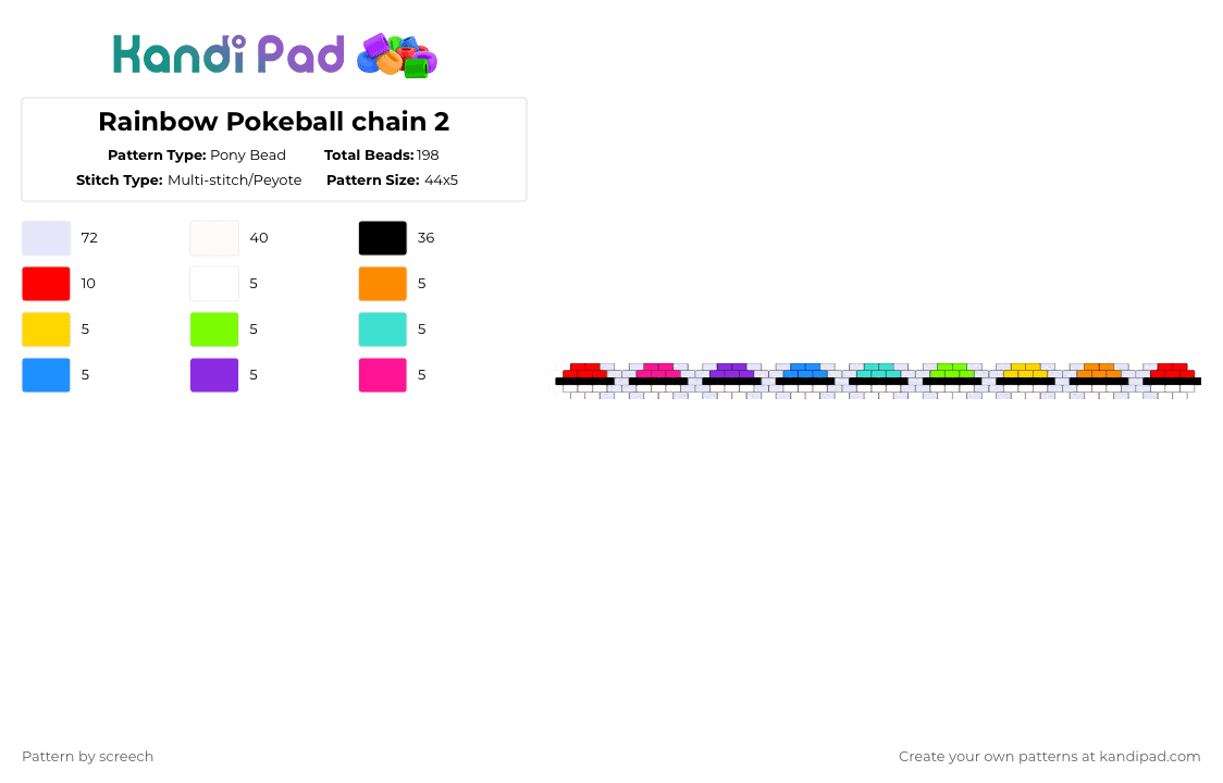 Rainbow Pokeball chain 2 - Pony Bead Pattern by screech on Kandi Pad - white,red,light blue,pokemon,pkmn,pokeball,wallet chain