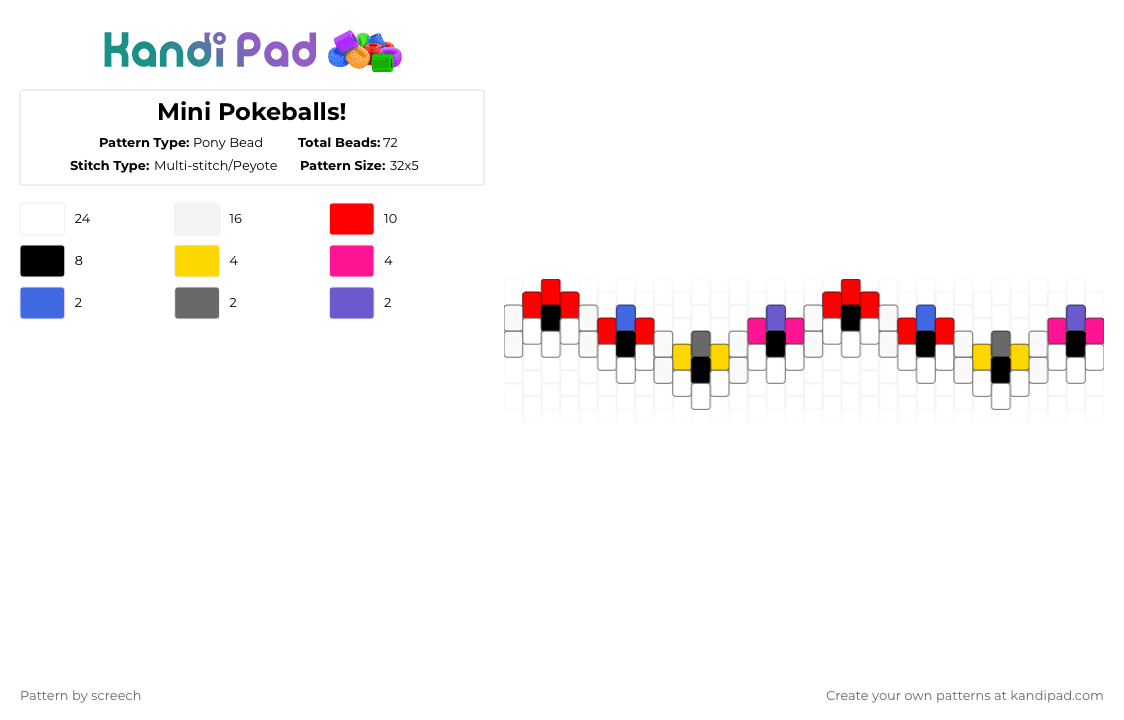 Mini Pokeballs! - Pony Bead Pattern by screech on Kandi Pad - white,red,pokemon,pokeball,great ball,ultra ball,master ball,flower cuff,miniature,minimalist