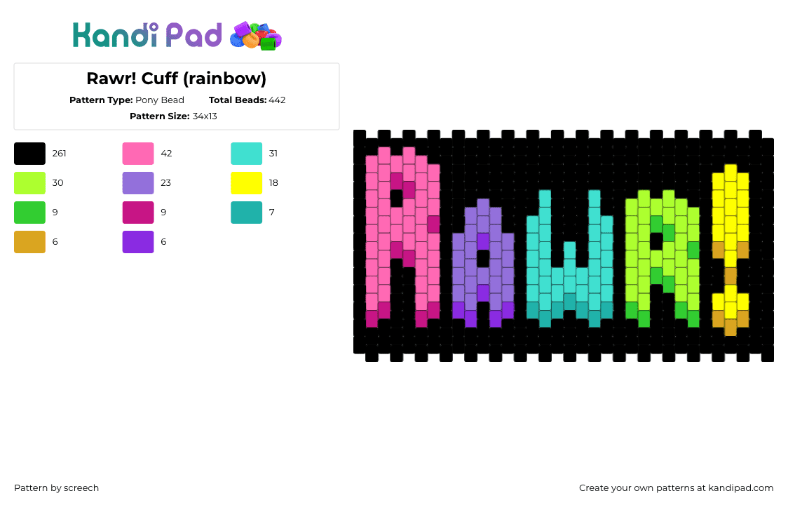 Rawr! Cuff (rainbow) - Pony Bead Pattern by screech on Kandi Pad - 