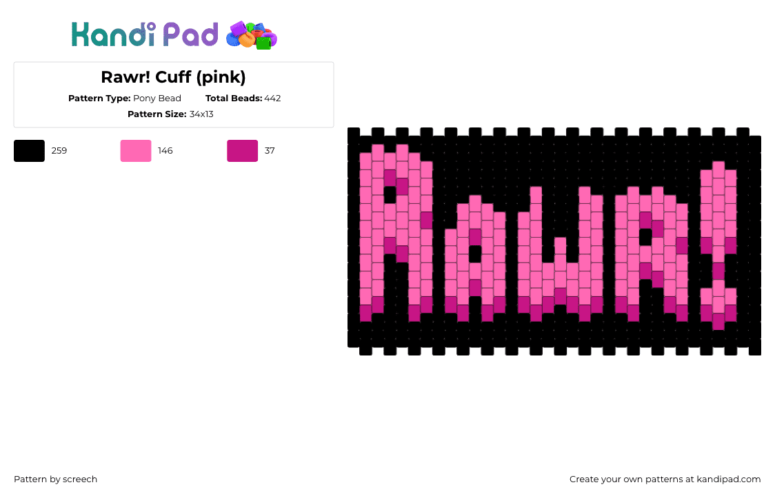 Rawr! Cuff (pink) - Pony Bead Pattern by screech on Kandi Pad - 