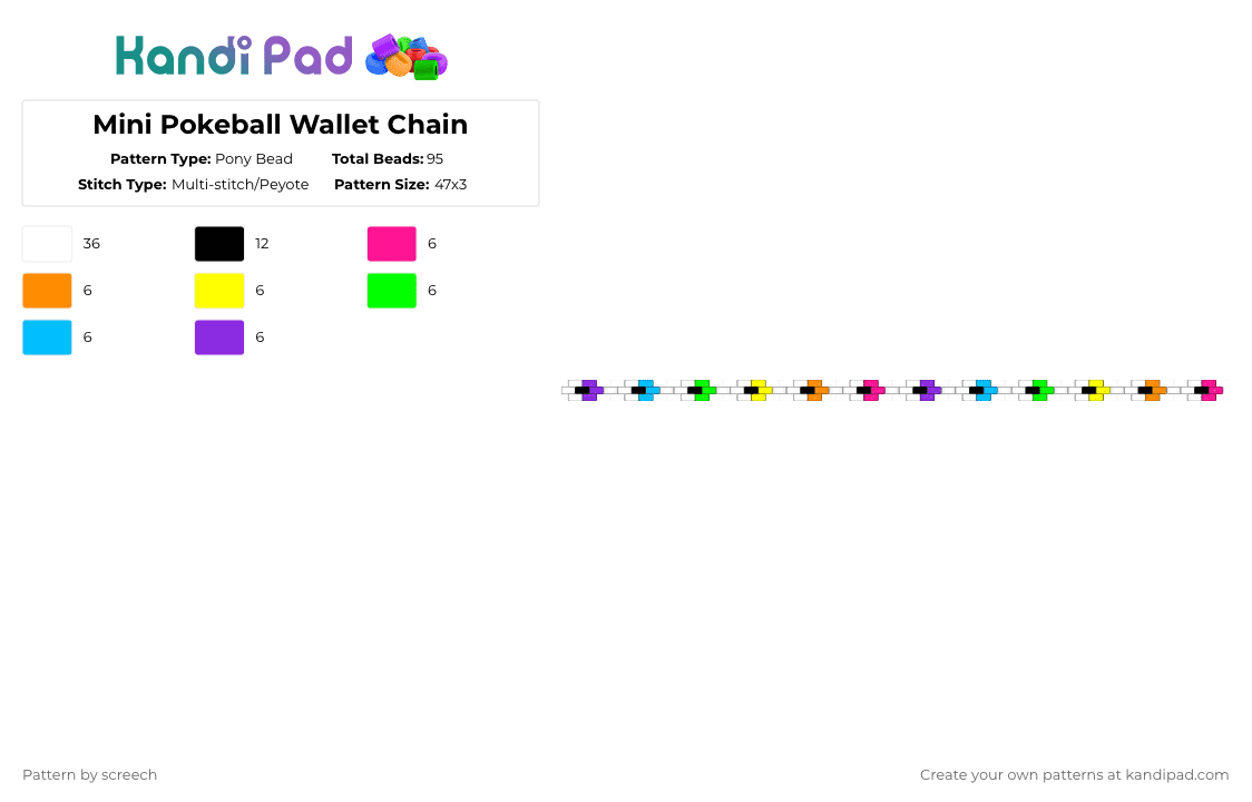 Mini Pokeball Wallet Chain - Pony Bead Pattern by screech on Kandi Pad - white,orange,green,purple,colorful,pokemon,pokeball,pkmn,keychain,wallet chain