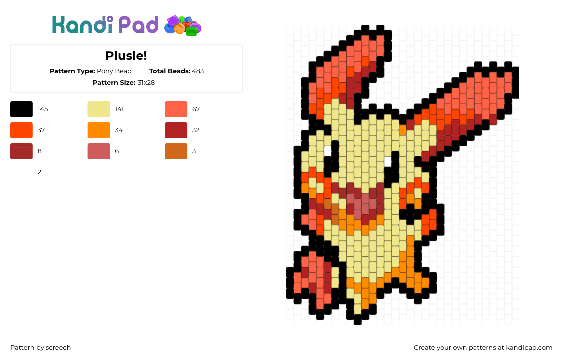 Plusle! - Pony Bead Pattern by screech on Kandi Pad - plusle,pokemon,gaming,character,cute,happy,charm,yellow,orange