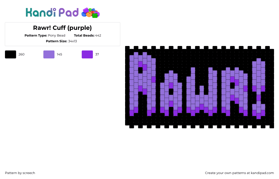 Rawr! Cuff (purple) - Pony Bead Pattern by screech on Kandi Pad - 