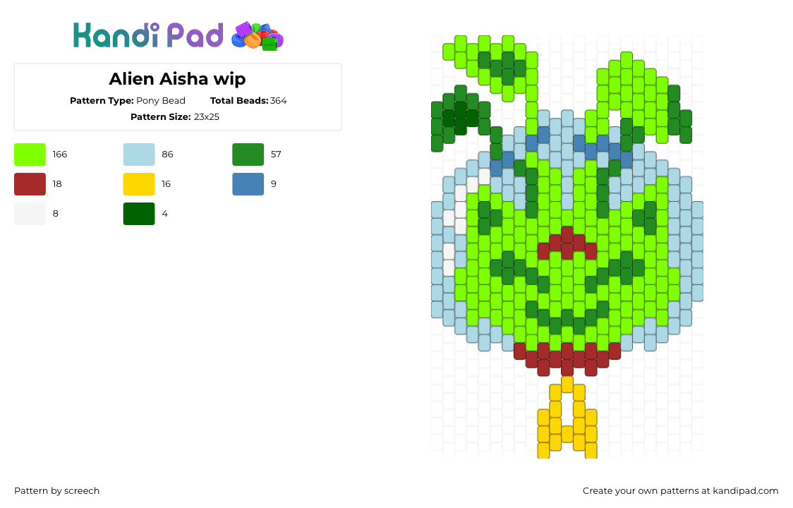 Alien Aisha wip - Pony Bead Pattern by screech on Kandi Pad - alien aisha,neopets,head,charm,helmet,character,gaming,green,light blue