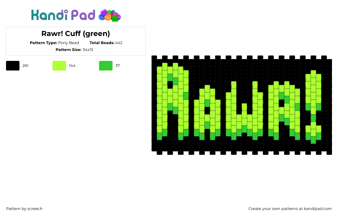 Rawr! Cuff (green) - Pony Bead Pattern by screech on Kandi Pad - 