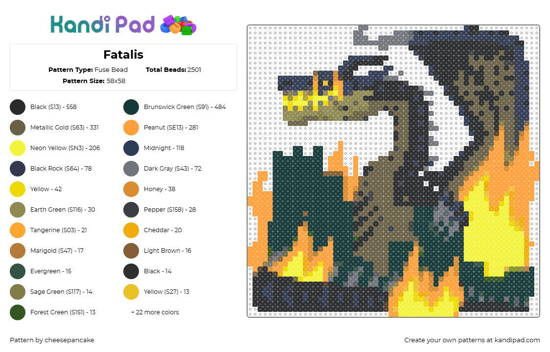 Fatalis - Fuse Bead Pattern by cheesepancake on Kandi Pad - fatalis,moster hunter,dragon,fire,flames,video game,orange,yellow,gray,teal