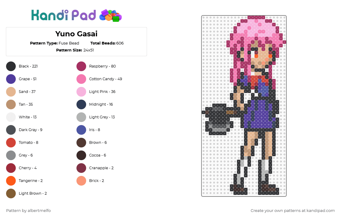 Yuno Gasai - Fuse Bead Pattern by albertmelfo on Kandi Pad - pink,beige,purple,yuno gasai,mirai nikki,future diary,anime