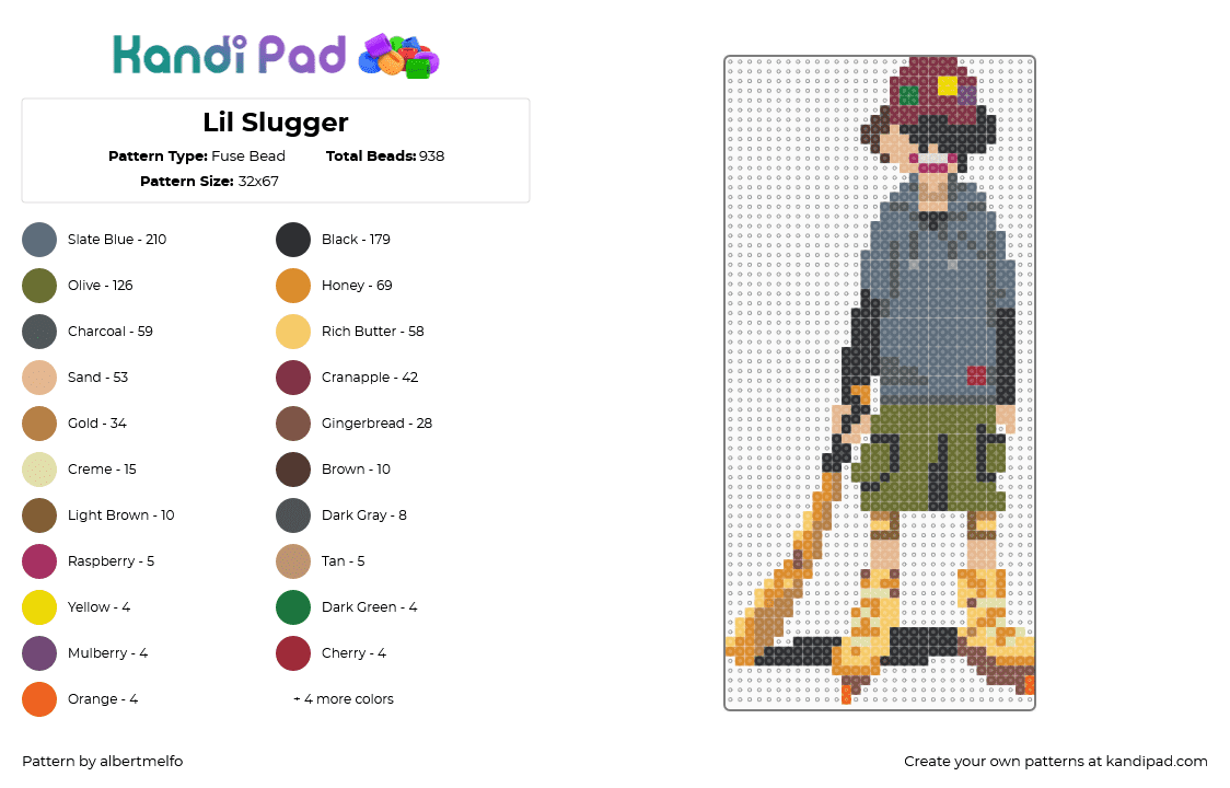 Lil Slugger - Fuse Bead Pattern by albertmelfo on Kandi Pad - pink,orange,gold,colorful,lil slugger,paranoia agent,anime,satoshi kon
