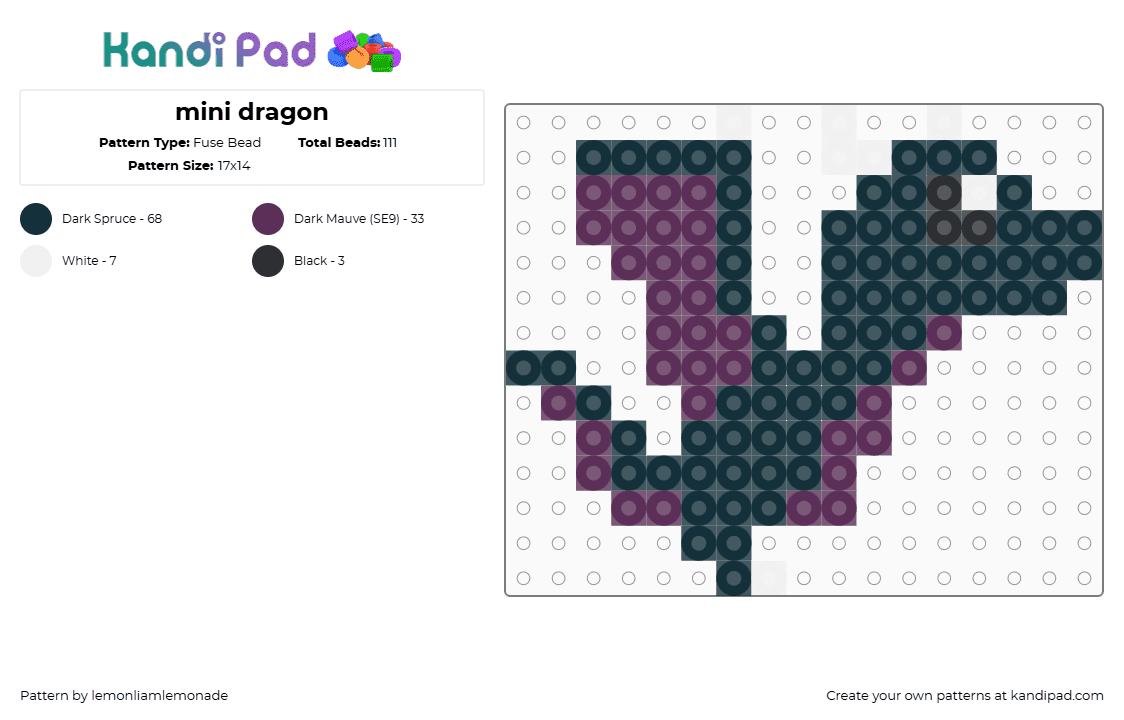 mini dragon - Fuse Bead Pattern by lemonliamlemonade on Kandi Pad - dragon,fantasy,mythological,simple,winged,charm,teal,purple