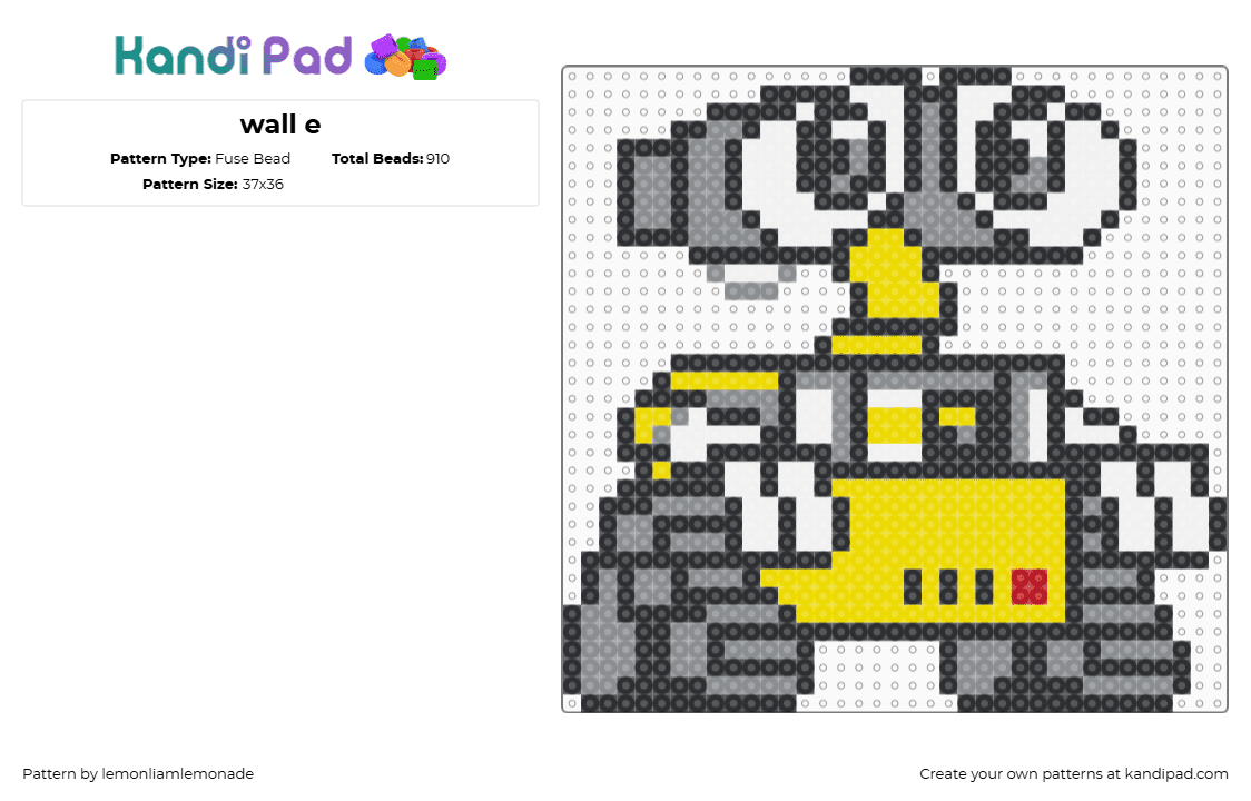 wall e - Fuse Bead Pattern by lemonliamlemonade on Kandi Pad - walle,disney,pixar,robot,cute,character,animation,movie,yellow,gray,white