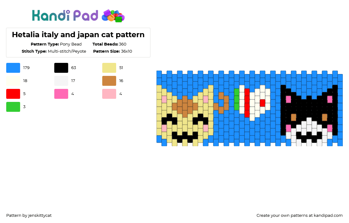 Hetalia italy and japan cat pattern - Pony Bead Pattern by jenskittycat on Kandi Pad - light blue,yellow,itapan,hetalia,aph