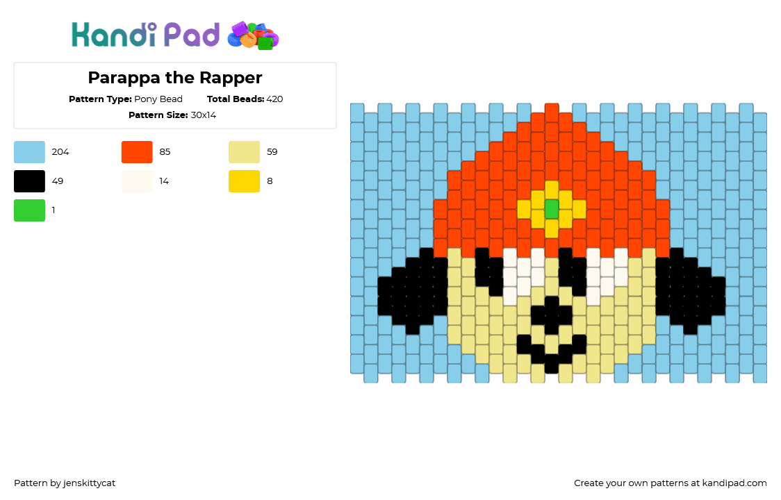Parappa the Rapper - Pony Bead Pattern by jenskittycat on Kandi Pad - parappa the rapper,head,video game,cuff,light blue,orange,beige