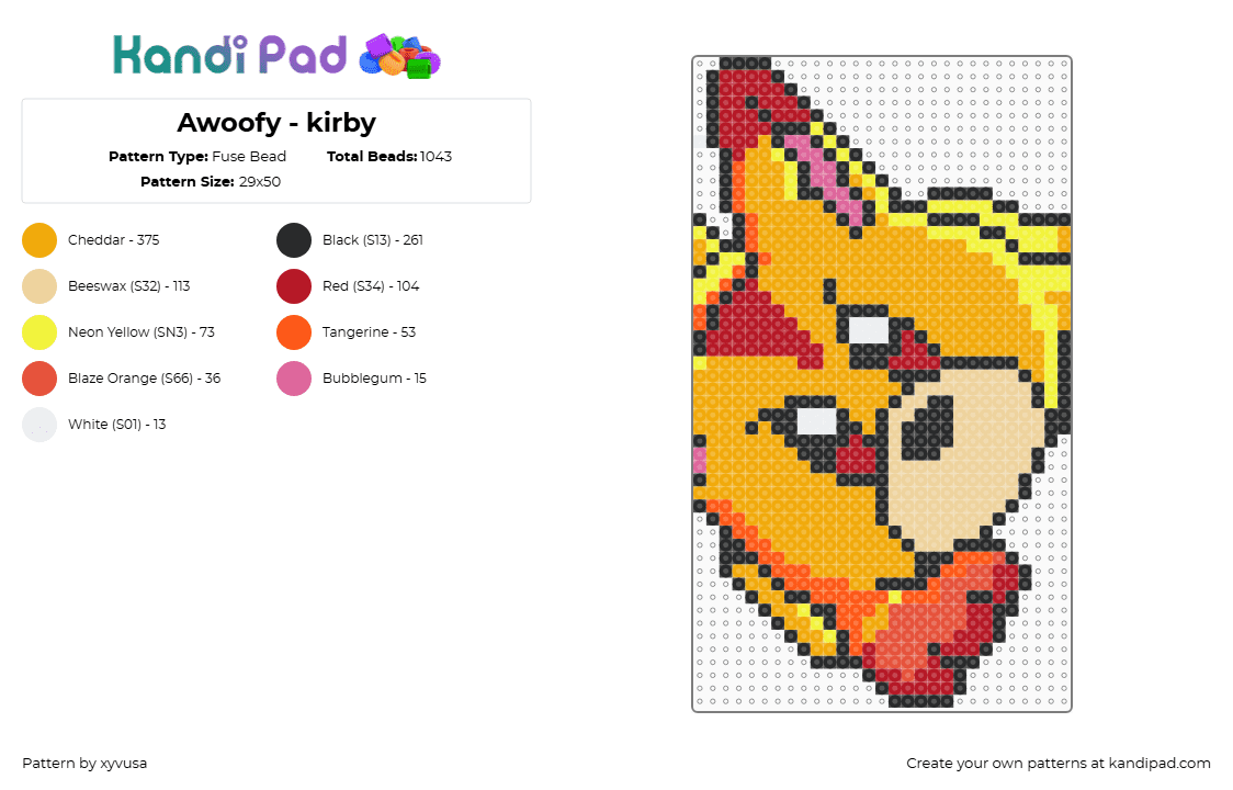 Awoofy - kirby - Fuse Bead Pattern by xyvusa on Kandi Pad - orange