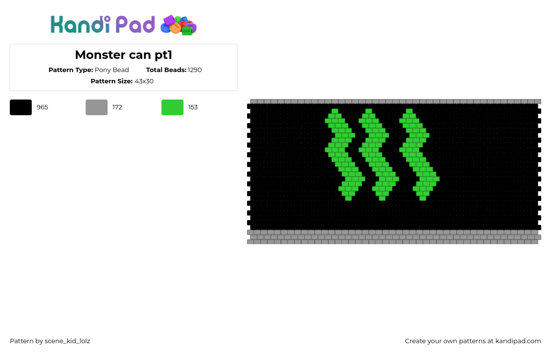 Monster can pt1 - Pony Bead Pattern by scene_kid_lolz on Kandi Pad - black,green,gray