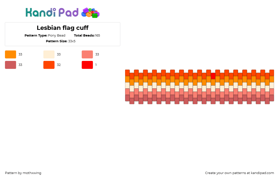 Lesbian flag cuff - Pony Bead Pattern by mothxwing on Kandi Pad - lesbian,pride,cuff,orange,pink
