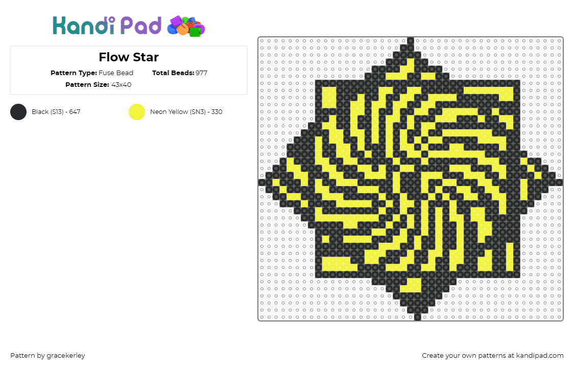 Flow Star - Fuse Bead Pattern by gracekerley on Kandi Pad - flow,geometric,energy,star,yellow,black,bold,striking,combination