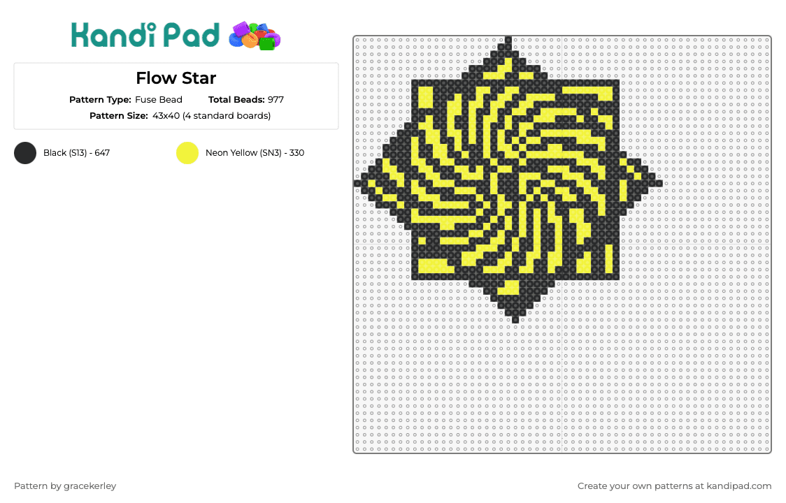 Flow Star - Fuse Bead Pattern by gracekerley on Kandi Pad - flow,geometric,energy,dynamic,star,yellow,black,bold,striking,combination