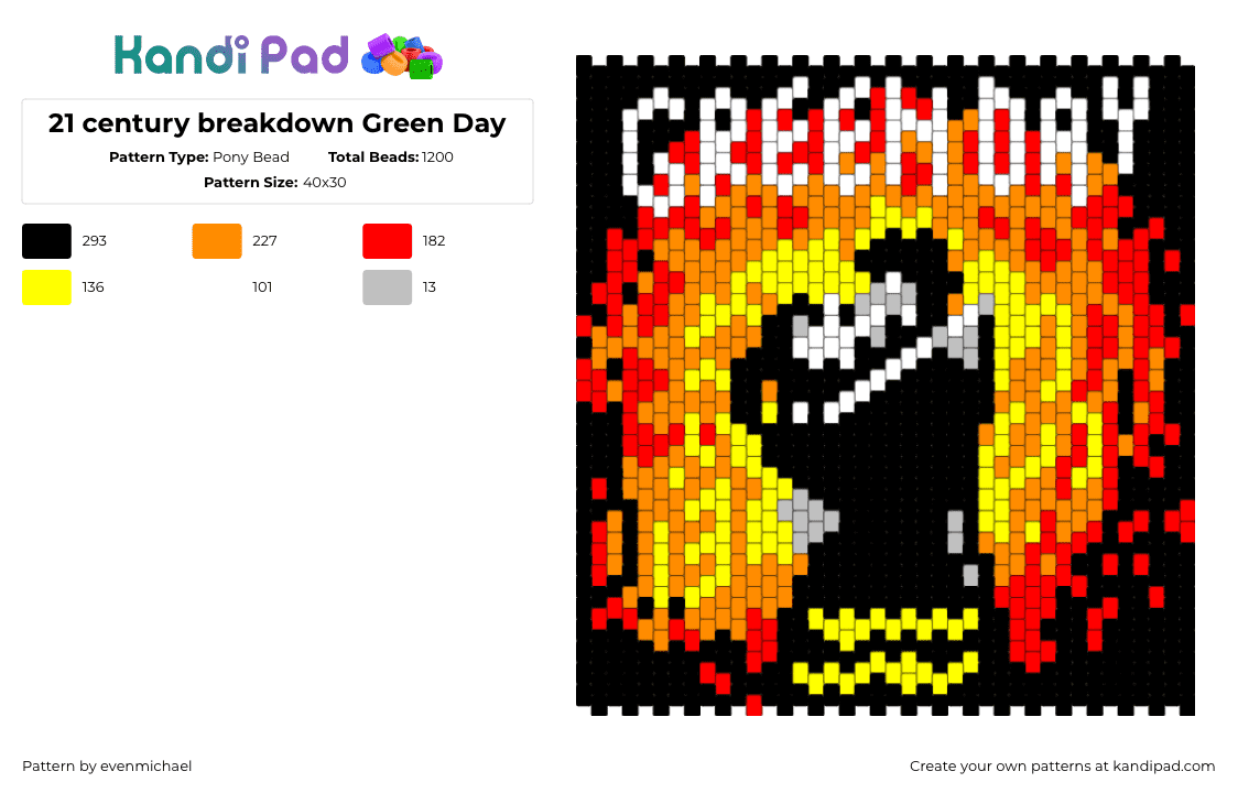 21st Century Breakdown - Green Day - Pony Bead Pattern by evenmichael on Kandi Pad - 21 century breakdown,green day,album,punk,band,music,panel,tapestry,fiery,black,orange,yellow