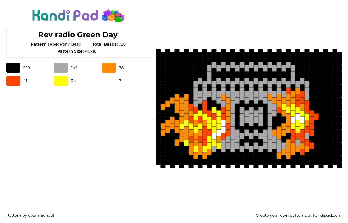 Revolution Radio - Green Day - Pony Bead Pattern by evenmichael on Kandi Pad - revolution radio,green day,album,punk,music,panel,stereo,boombox,fire,flames,black,gray,orange