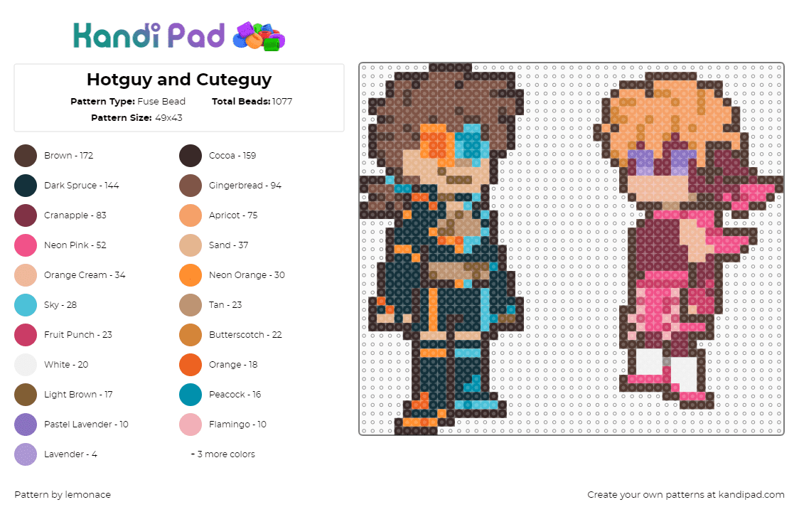 Hotguy and Cuteguy - Fuse Bead Pattern by lemonace on Kandi Pad - hotguy,cuteguy,hermitcraft,youtube,video games,characters,teal,pink,tan