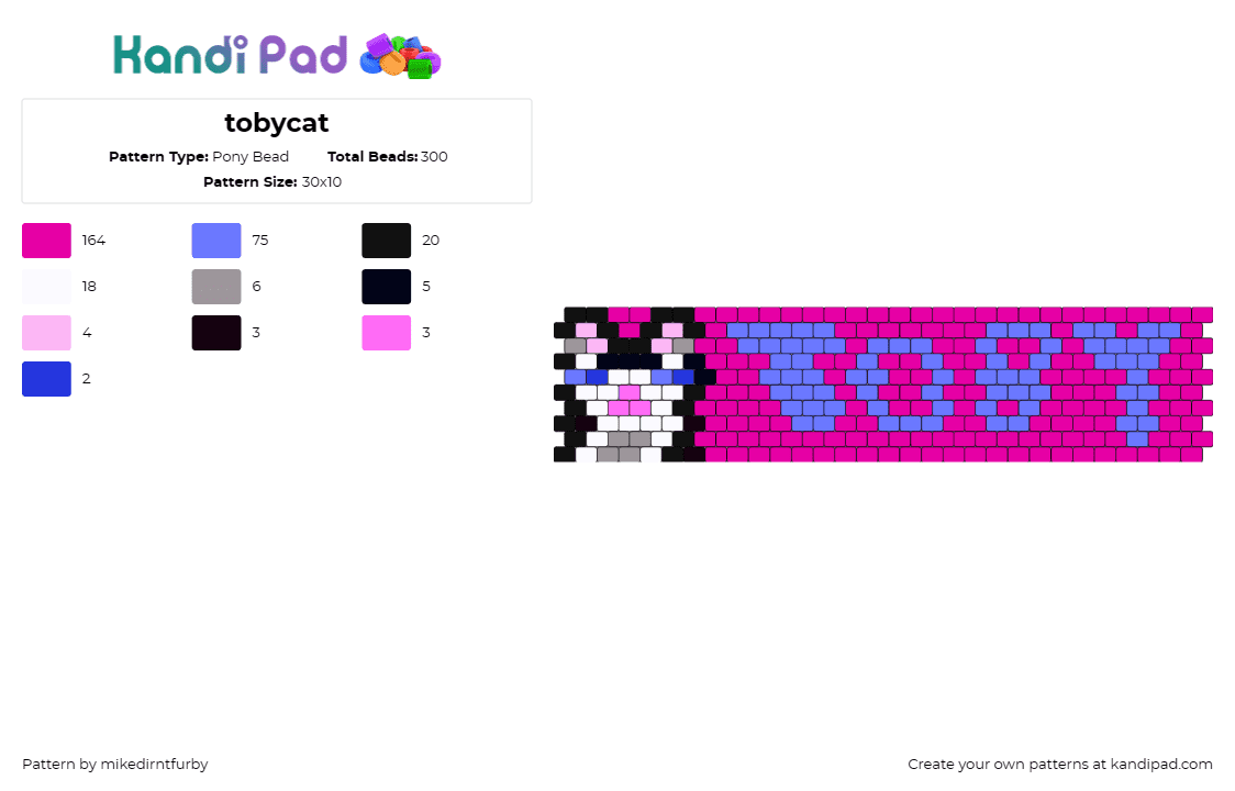 tobycat - Pony Bead Pattern by mikedirntfurby on Kandi Pad - cat,text,animal,pet,cuff,pink