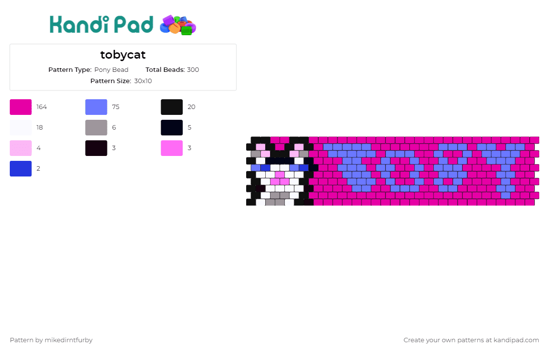 tobycat - Pony Bead Pattern by mikedirntfurby on Kandi Pad - cat,text,animal,pet,cuff,pink