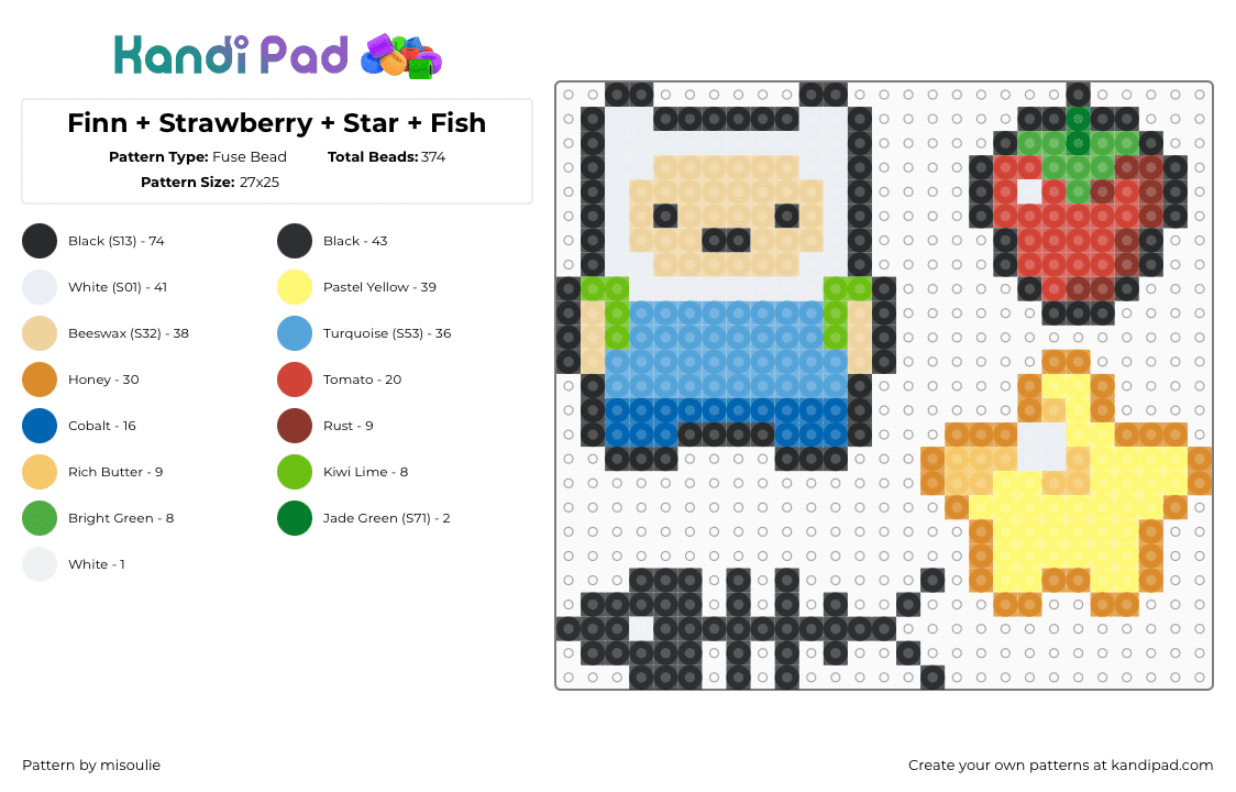 Finn + Strawberry + Star + Fish - Fuse Bead Pattern by misoulie on Kandi Pad - finn,adventure time,strawberry,star,fish,skeleton,charms,character,tv show,cartoon,colorful,light blue,yellow,red