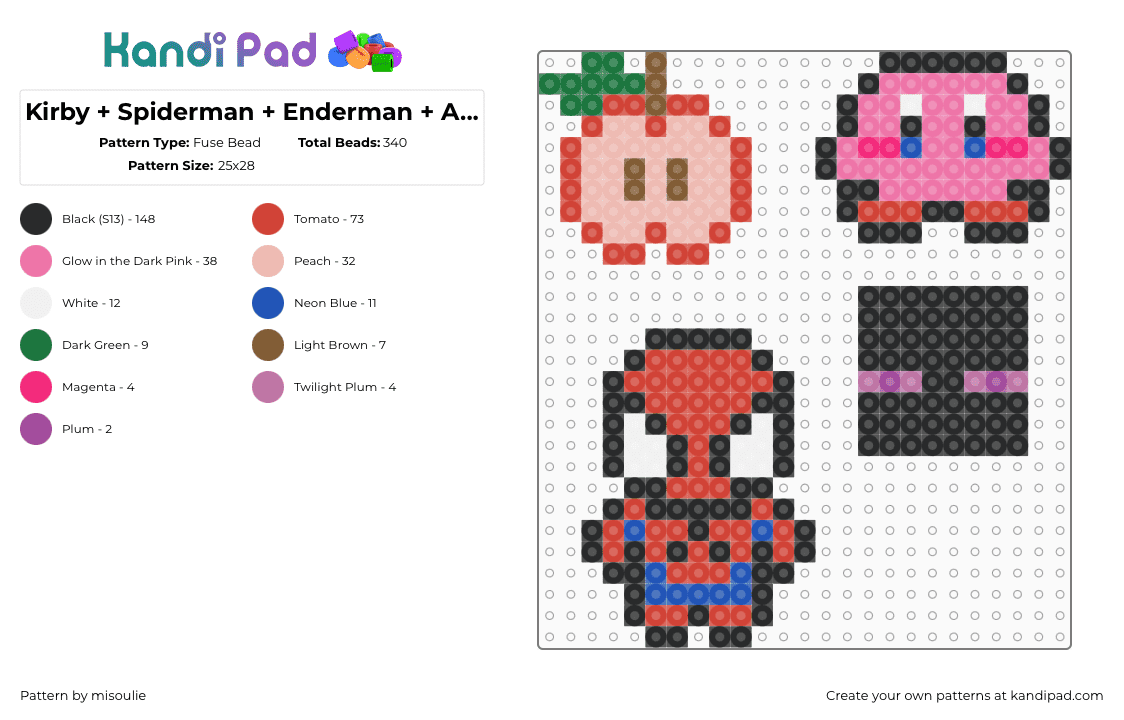 Kirby + Spiderman + Enderman + Apple - Fuse Bead Pattern by misoulie on Kandi Pad - spiderman,kirby,apple,enderman,simpe,charms,pink,red,black