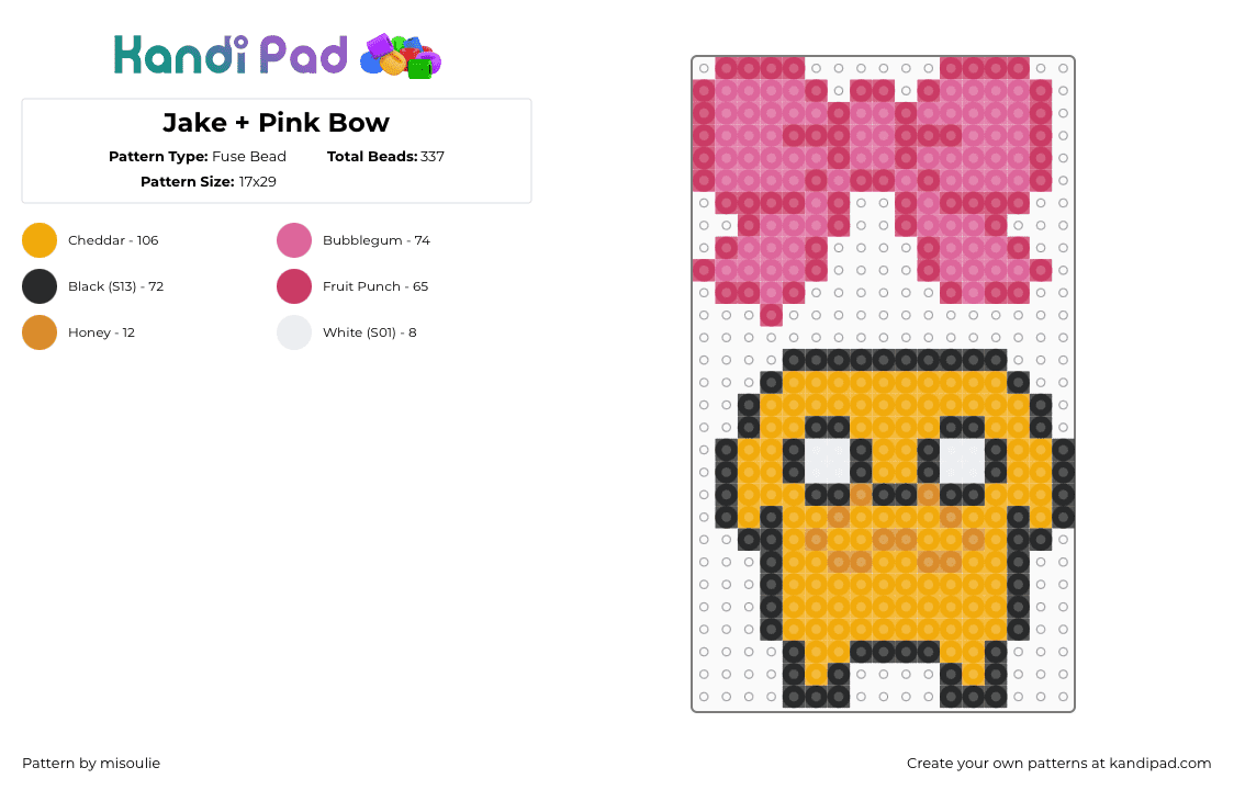 Jake + Pink Bow - Fuse Bead Pattern by misoulie on Kandi Pad - jake,adventure time,bow,character,charms,cartoon,ribbon,tv show,dog,yellow,pink