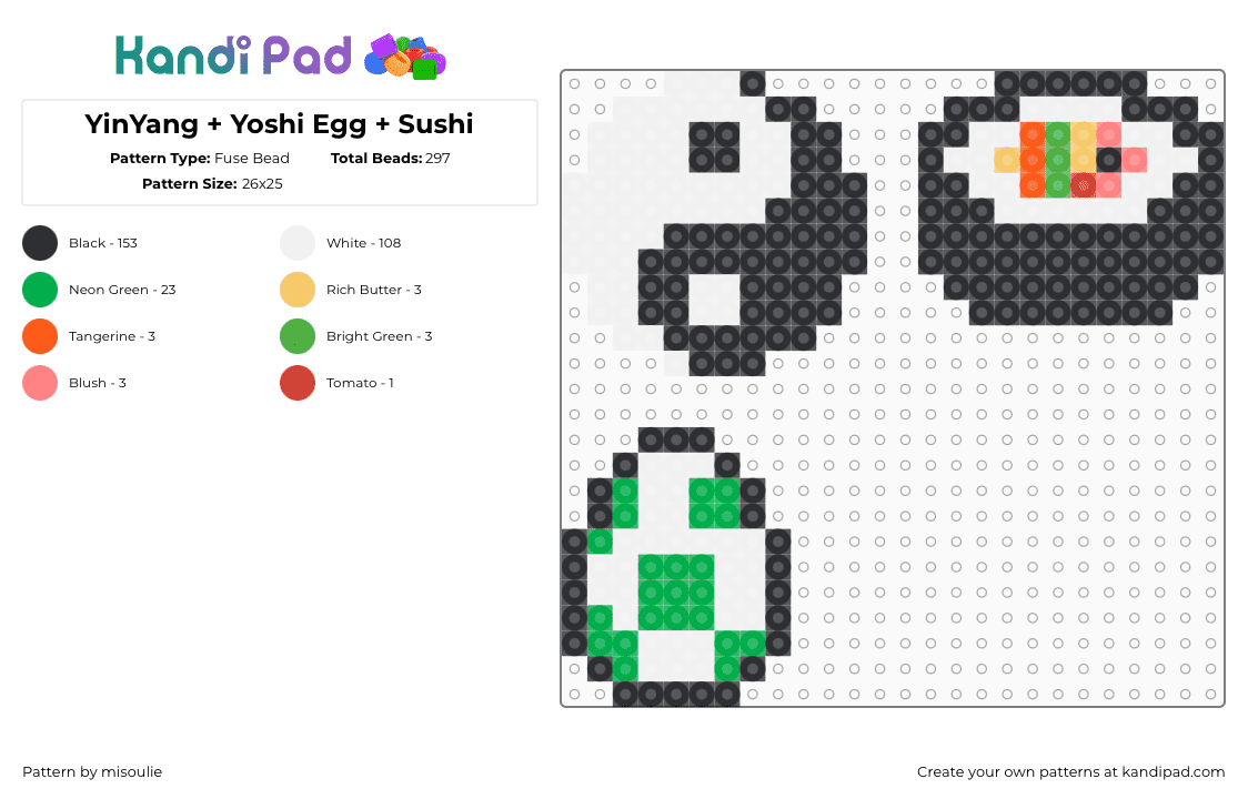 YinYang + Yoshi Egg + Sushi - Fuse Bead Pattern by misoulie on Kandi Pad - yin yang,sushi,yoshi,egg,charms,black,white,green