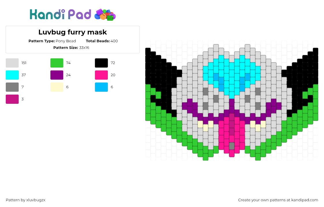 Luvbug furry mask - Pony Bead Pattern by xluvbugzx on Kandi Pad - luvbug,furry,mask,tongue,gray,green,light blue