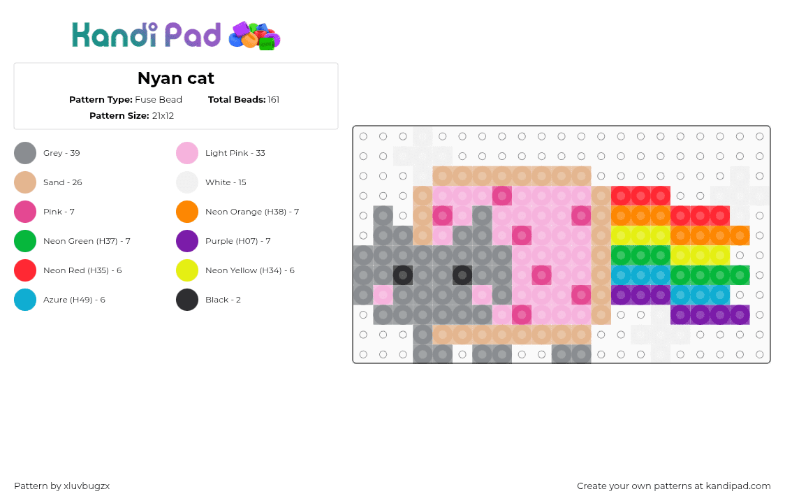 Nyan cat wih sparkles - Fuse Bead Pattern by xluvbugzx on Kandi Pad - byan cat,meme,poptart,rainbow,pink,gray