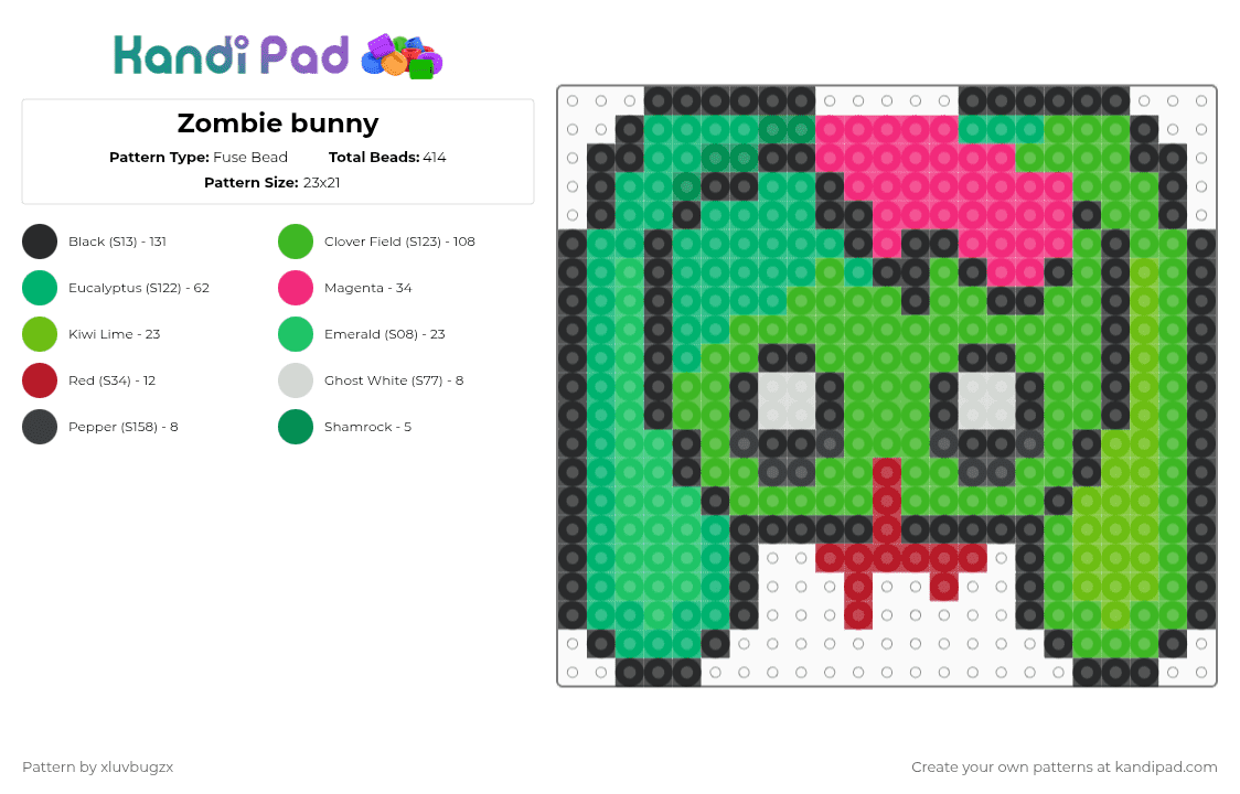 Zombie bunny - Fuse Bead Pattern by xxdefangedxx on Kandi Pad - zombie,bunny,spooky,halloween,green