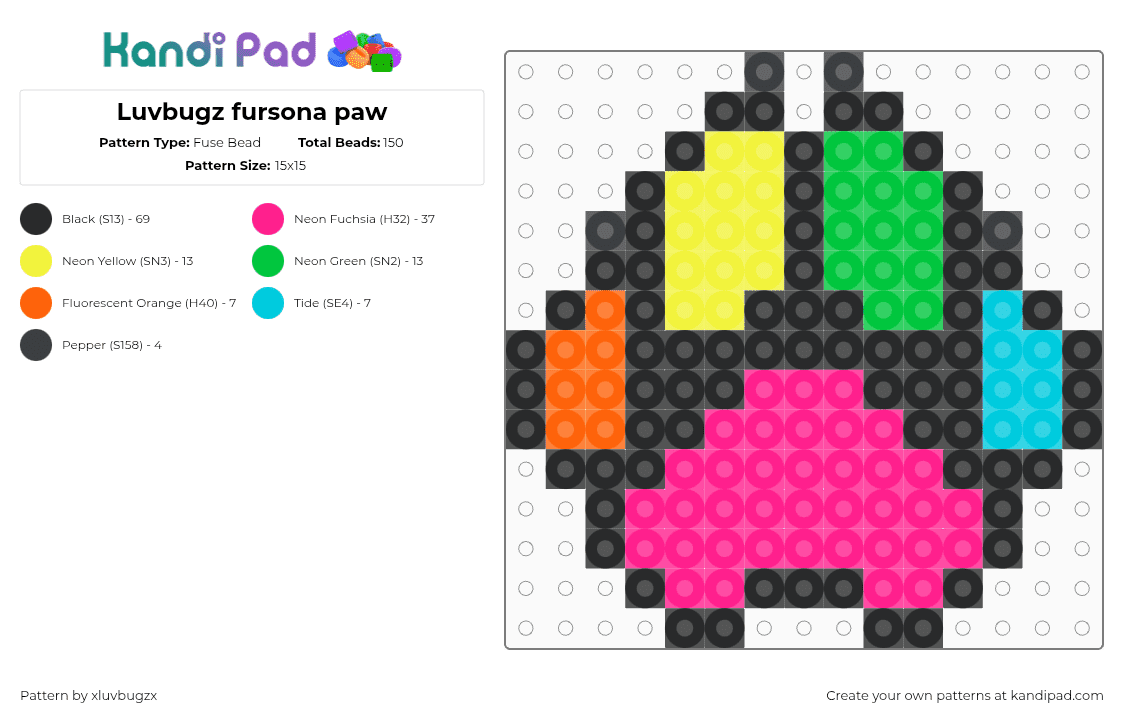 Luvbugz fursona paw - Fuse Bead Pattern by xxdefangedxx on Kandi Pad - black,pink,furry,paw,rainbow