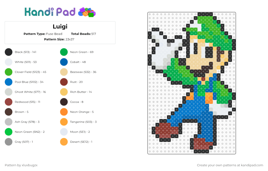 Luigi - Fuse Bead Pattern by xxdefangedxx on Kandi Pad - beige,green,blue,super mario,luigi,mario brothers,video games,mario bros,games,videogames