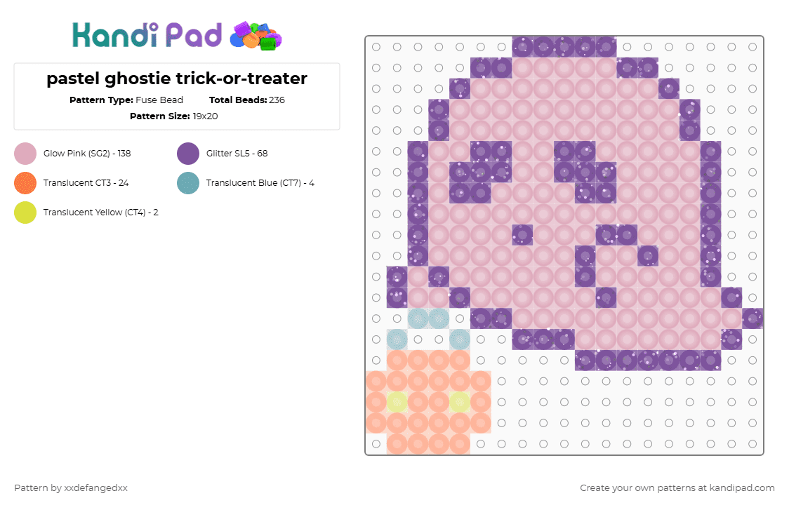 pastel ghostie trick-or-treater - Fuse Bead Pattern by xxdefangedxx on Kandi Pad - pink,spooky,ghost,halloween,trick or treat,pumpkin,pastel,jackolantern