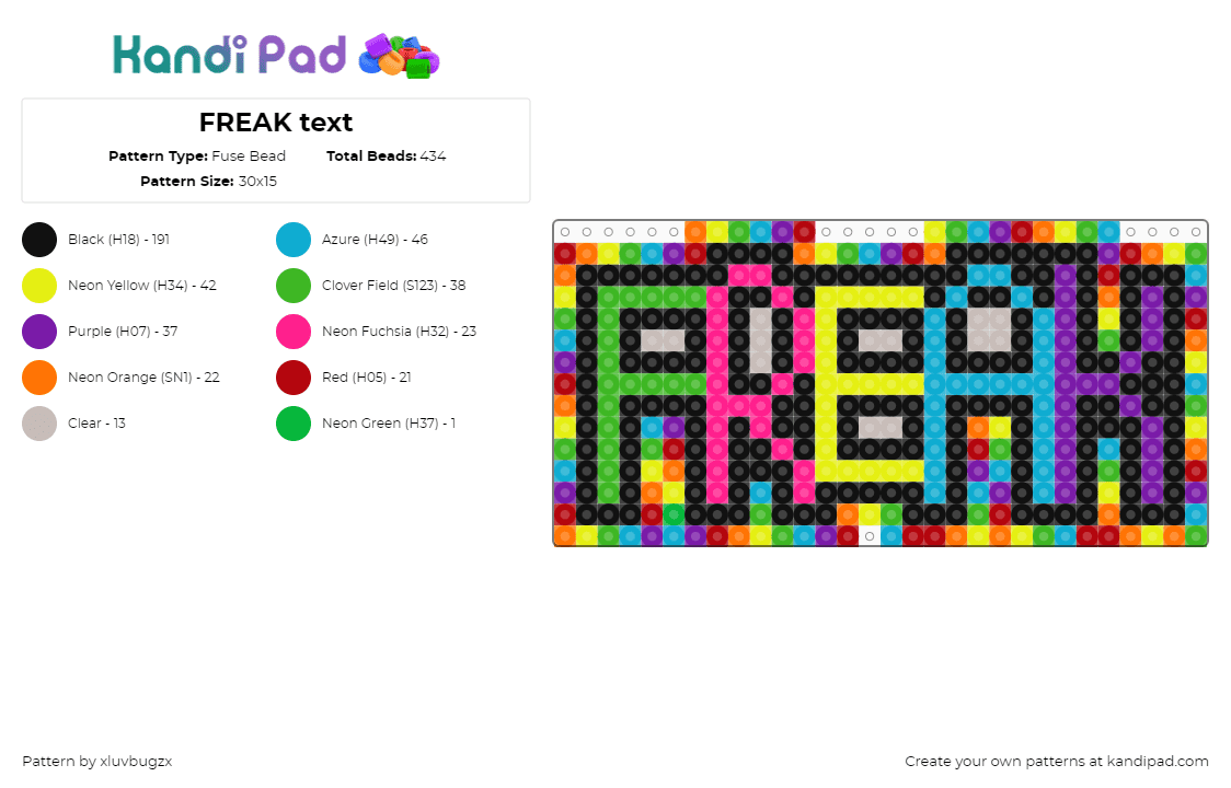 FREAK text - Fuse Bead Pattern by xluvbugzx on Kandi Pad - freak,text,neon,colorful,sign