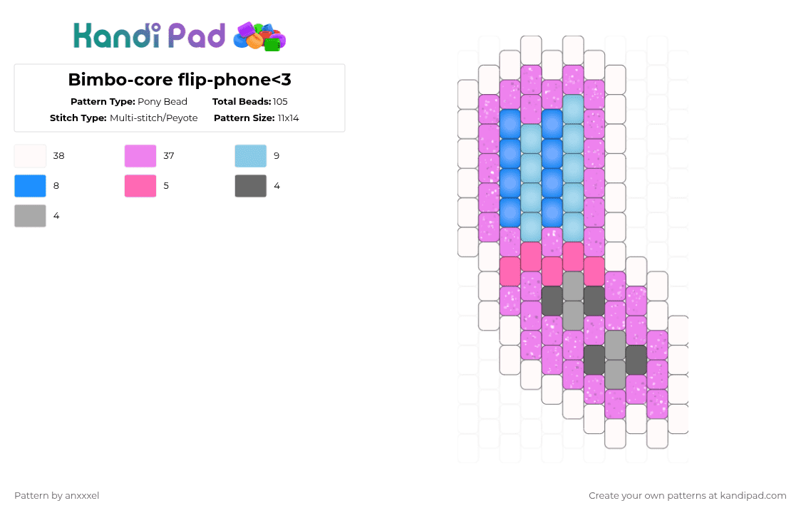 Bimbo-core flip-phone - Pony Bead Pattern by anxxxel on Kandi Pad - pink,light blue,y2k,flip phone,vintage,retro,bimbocore