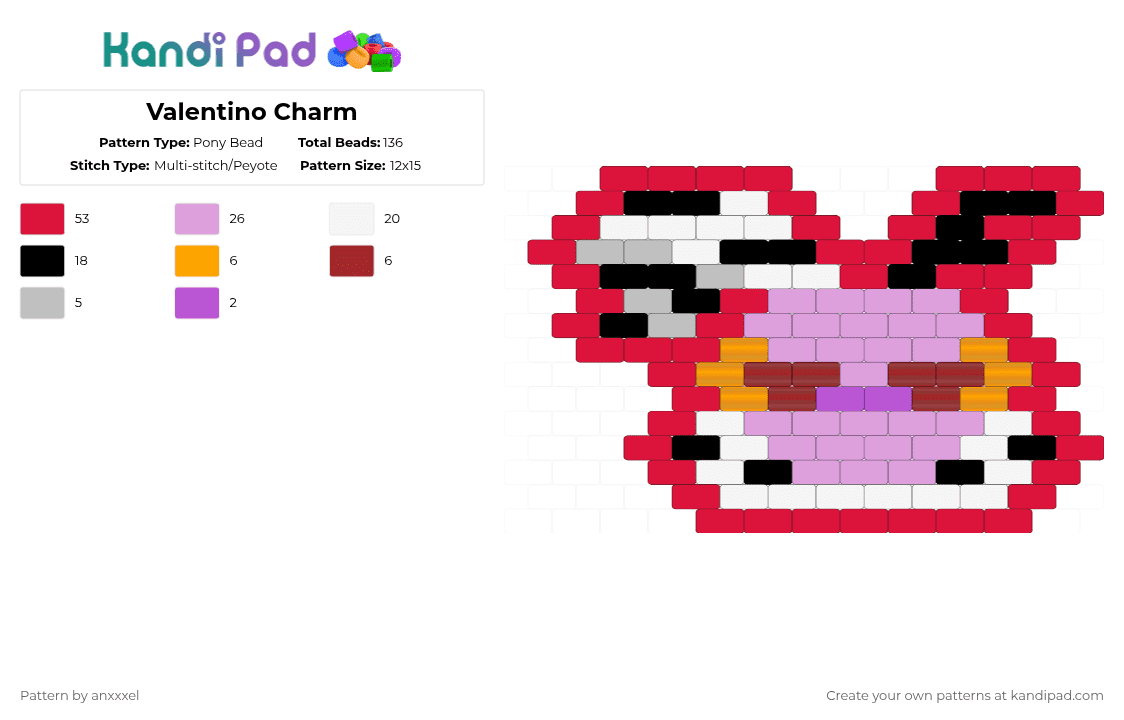Valentino Charm - Pony Bead Pattern by anxxxel on Kandi Pad - pink,red,hazbin hotel,helluva boss,moth,purple,charm