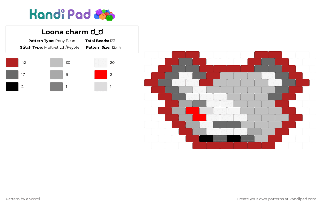 Loona charm ರ_ರ - Pony Bead Pattern by anxxxel on Kandi Pad - beige,red,helluva boss,hazbin hotel,loona,wolf,charm,grey,gray