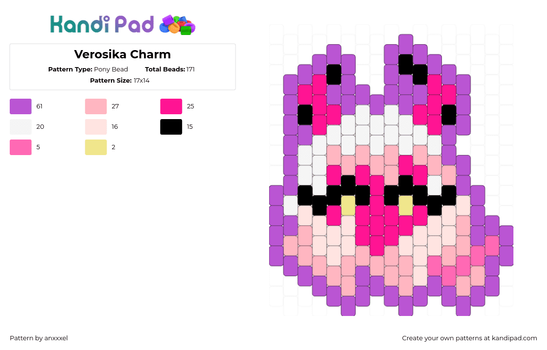 Verosika Charm - Pony Bead Pattern by anxxxel on Kandi Pad - pink,verosika,helluva boss,hazbin hotel,demon,charm