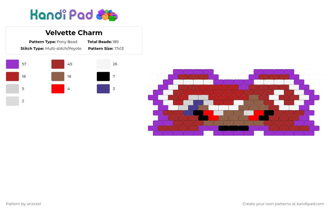 Velvette Charm - Pony Bead Pattern by anxxxel on Kandi Pad - red,purple,hazbin hotel,helluva boss,charm,velvette
