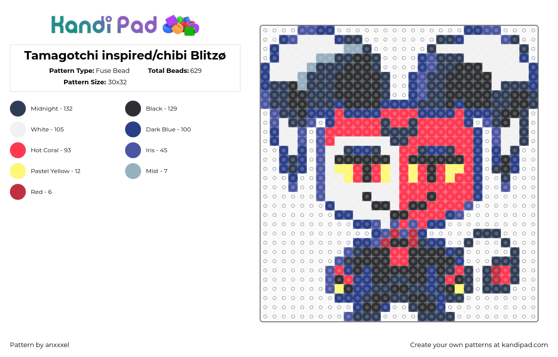 Tamagotchi inspired/chibi Blitzø - Fuse Bead Pattern by anxxxel on Kandi Pad - purple,blue,red,blitzo,blitz,helluva boss,hazbin hotel,tamagotchi,demon