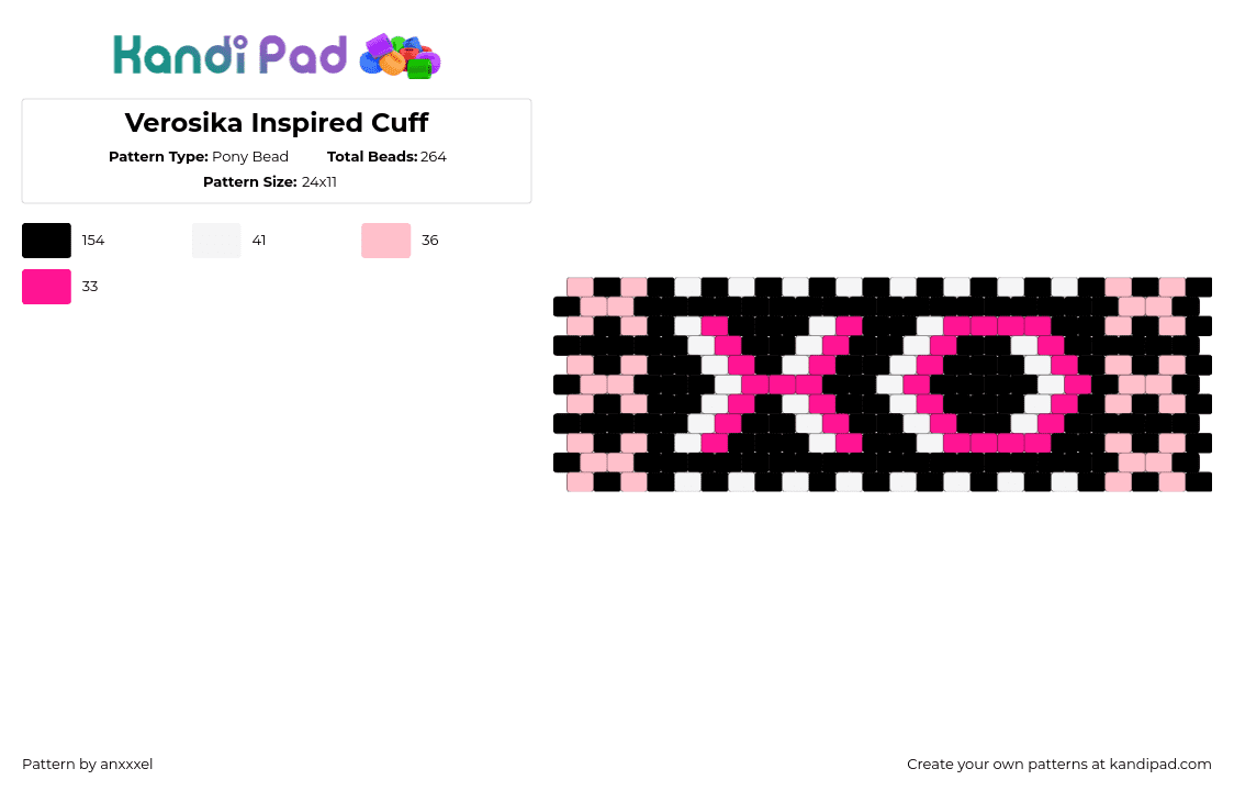 Verosika Inspired Cuff - Pony Bead Pattern by anxxxel on Kandi Pad - white,pink,verosika,helluva boss,hazbin hotel,valentines,cuff