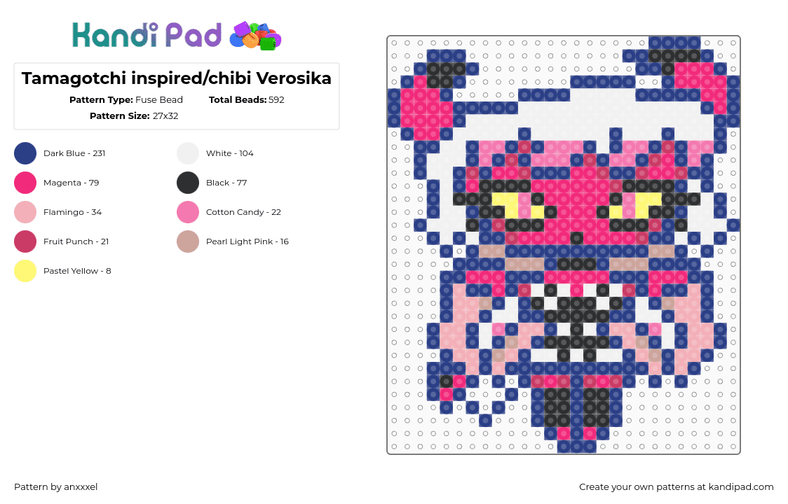 Tamagotchi inspired/chibi Verosika - Fuse Bead Pattern by anxxxel on Kandi Pad - blue,pink,verosika,tamagotchi,chibi,helluva boss,hazbin hotel,demon