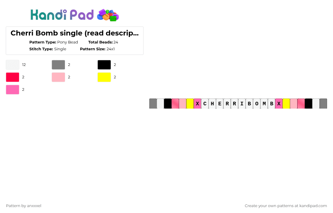 Cherri Bomb single (read description) - Pony Bead Pattern by anxxxel on Kandi Pad - white,pink,cherribomb,cherri bomb,hazbin hotel,helluva boss,single