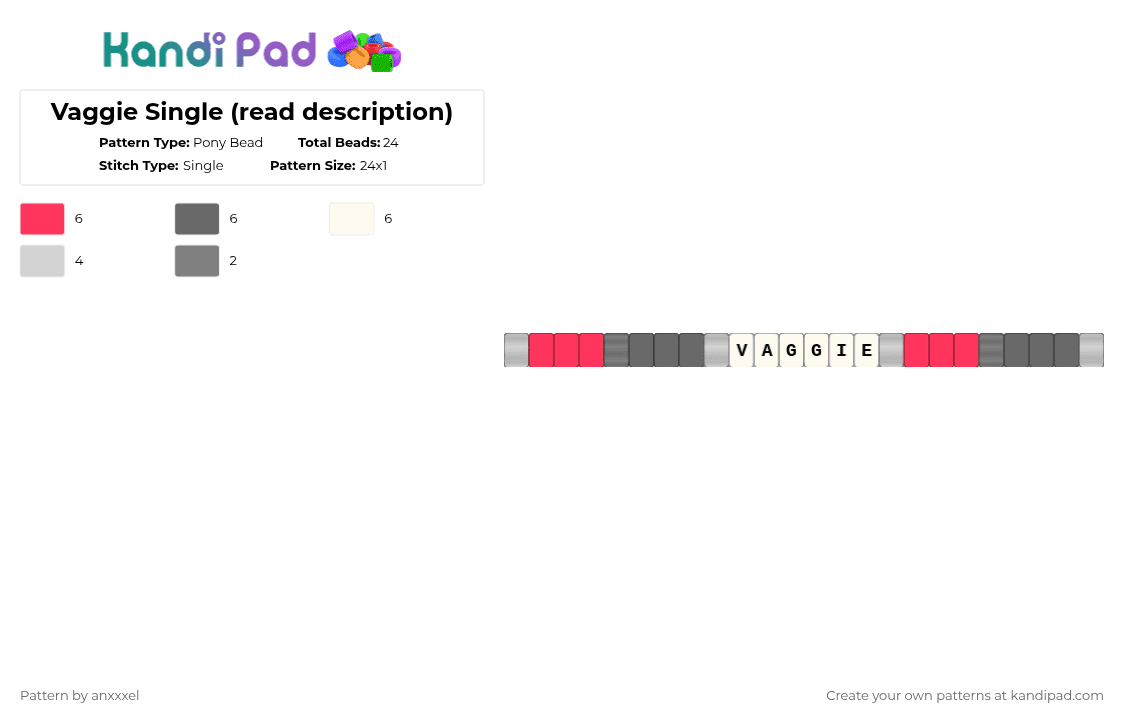 Vaggie Single - Pony Bead Pattern by anxxxel on Kandi Pad - red,gray,vaggie,hazbin hotel,helluva boss,single,grey