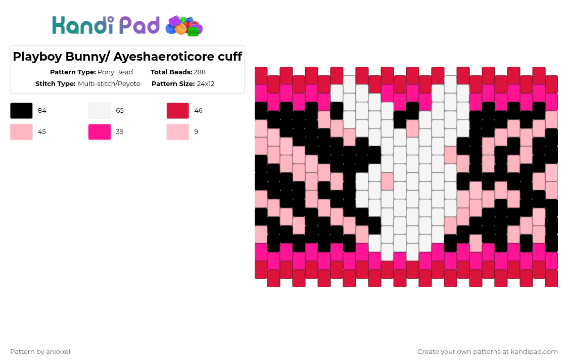 Playboy Bunny/ Ayeshaeroticore cuff - Pony Bead Pattern by anxxxel on Kandi Pad - pink,red,y2k,zebra,bunny,rabbit,ayesha erotica